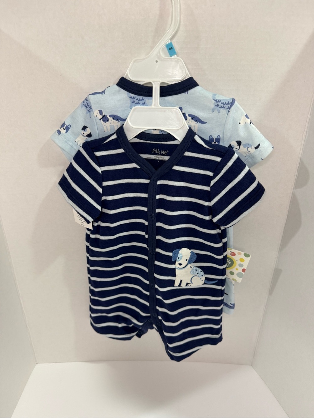 Little Me Navy & Light Blue Puppy Short Sleeve Romper Set